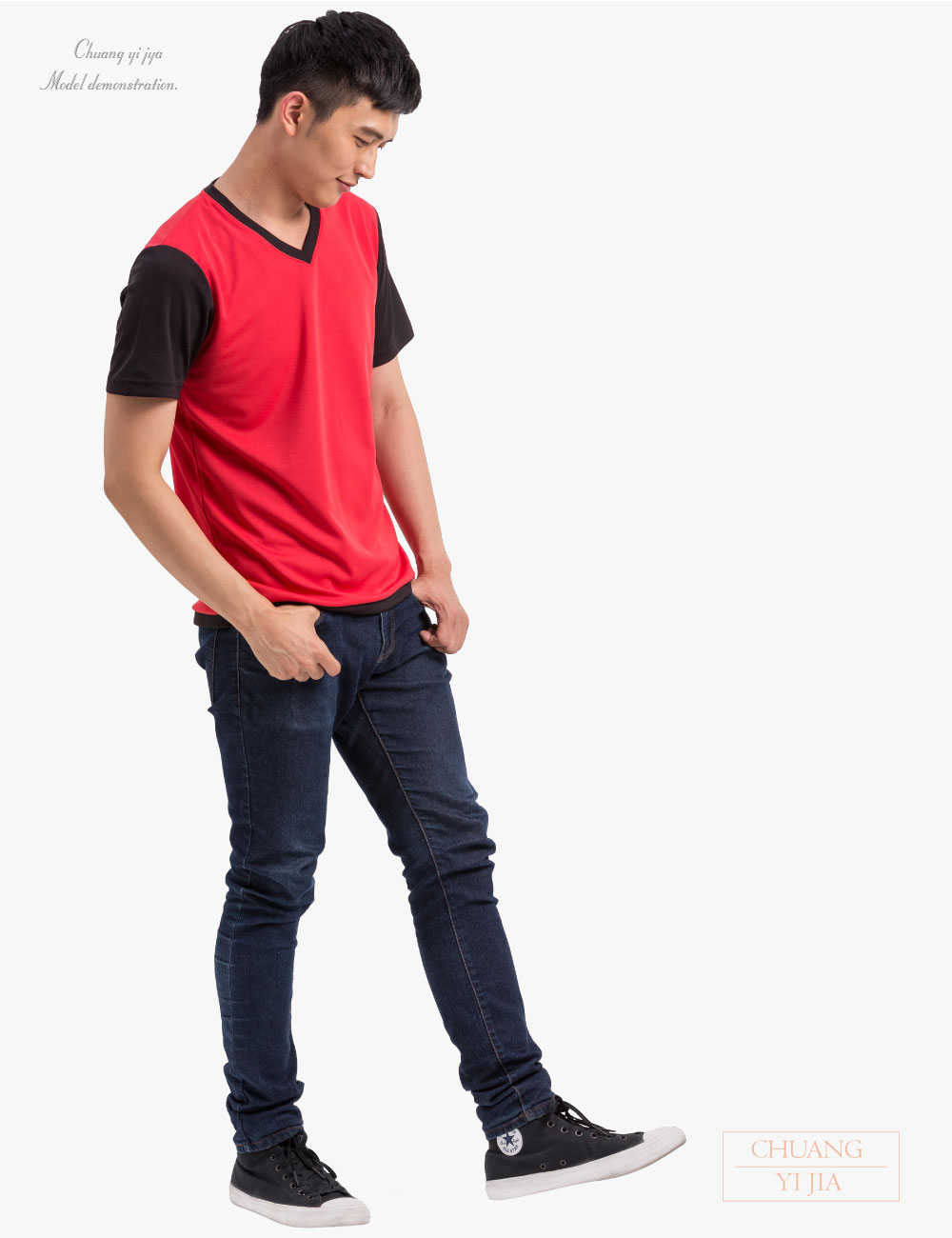 創意家團體服-T恤短袖訂製v領中性-紅/黑