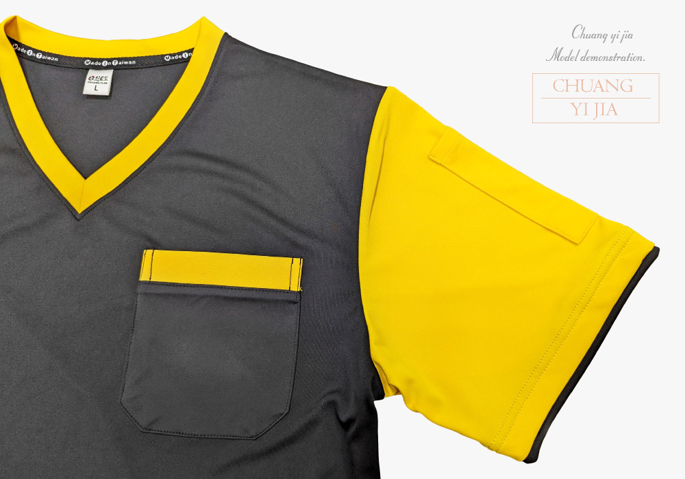 創意家團體服-客製V領T恤-雙袖加口袋-黑配黃 口袋+假兩件雙袖