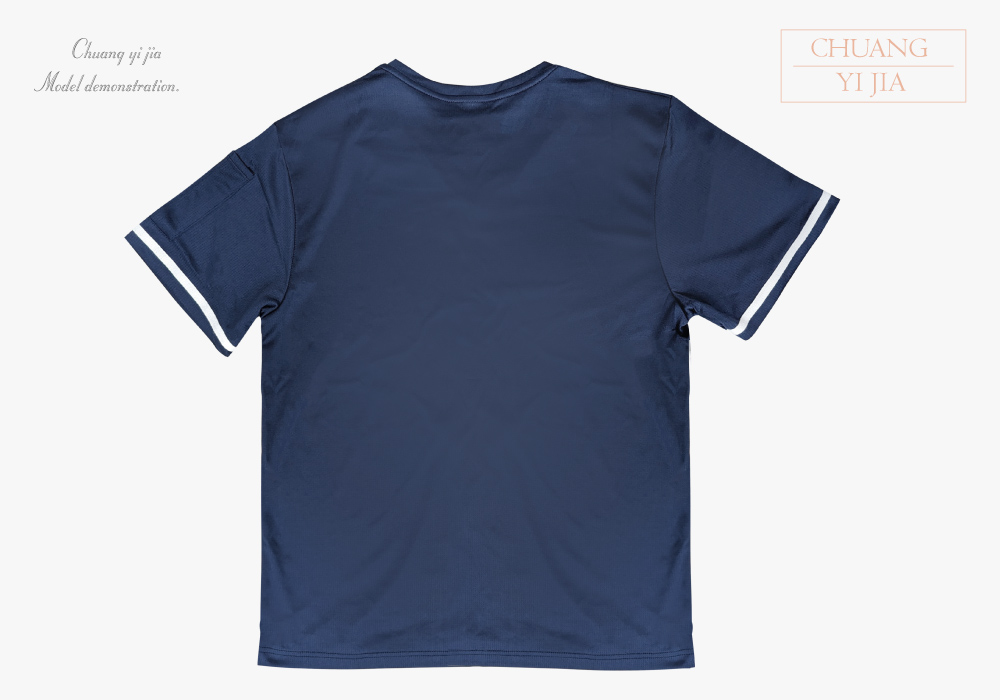 創意家團體服-客製V領T恤-造型織帶-丈青配灰 背面平拍