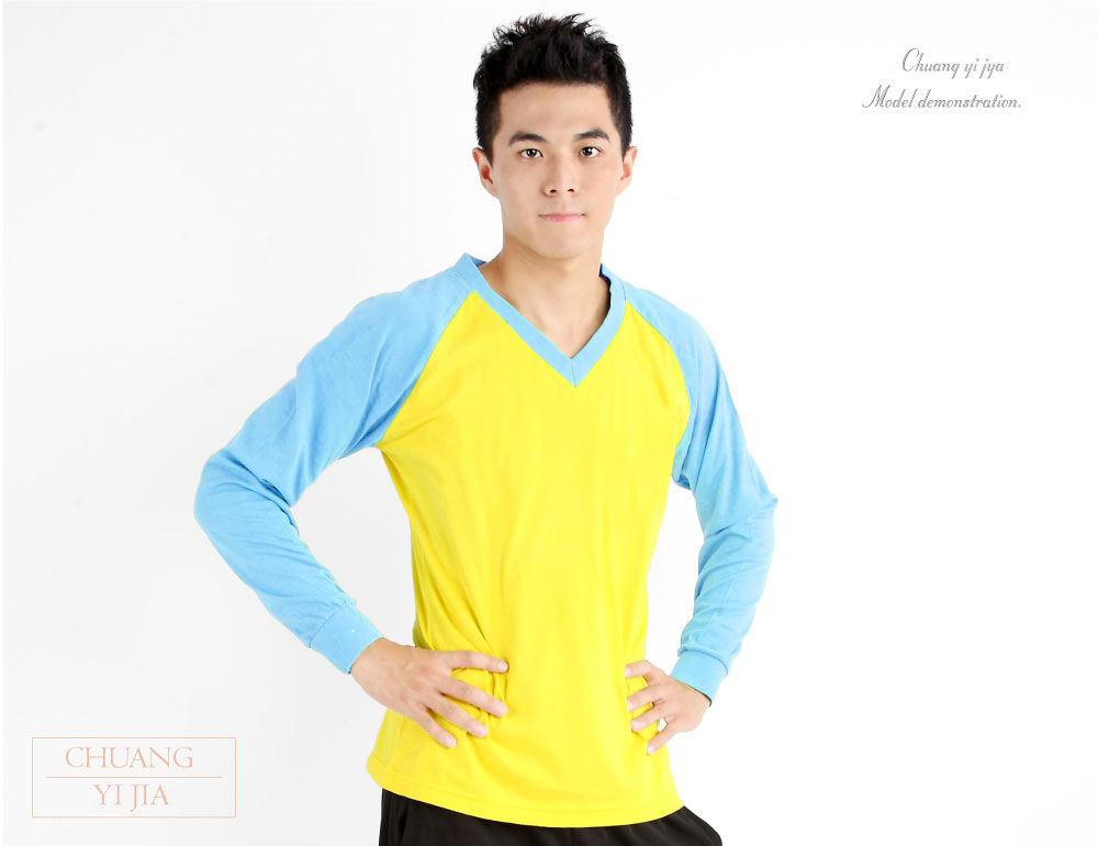 創e家團體服-T恤訂製款v領斜長袖中性-黃水藍袖