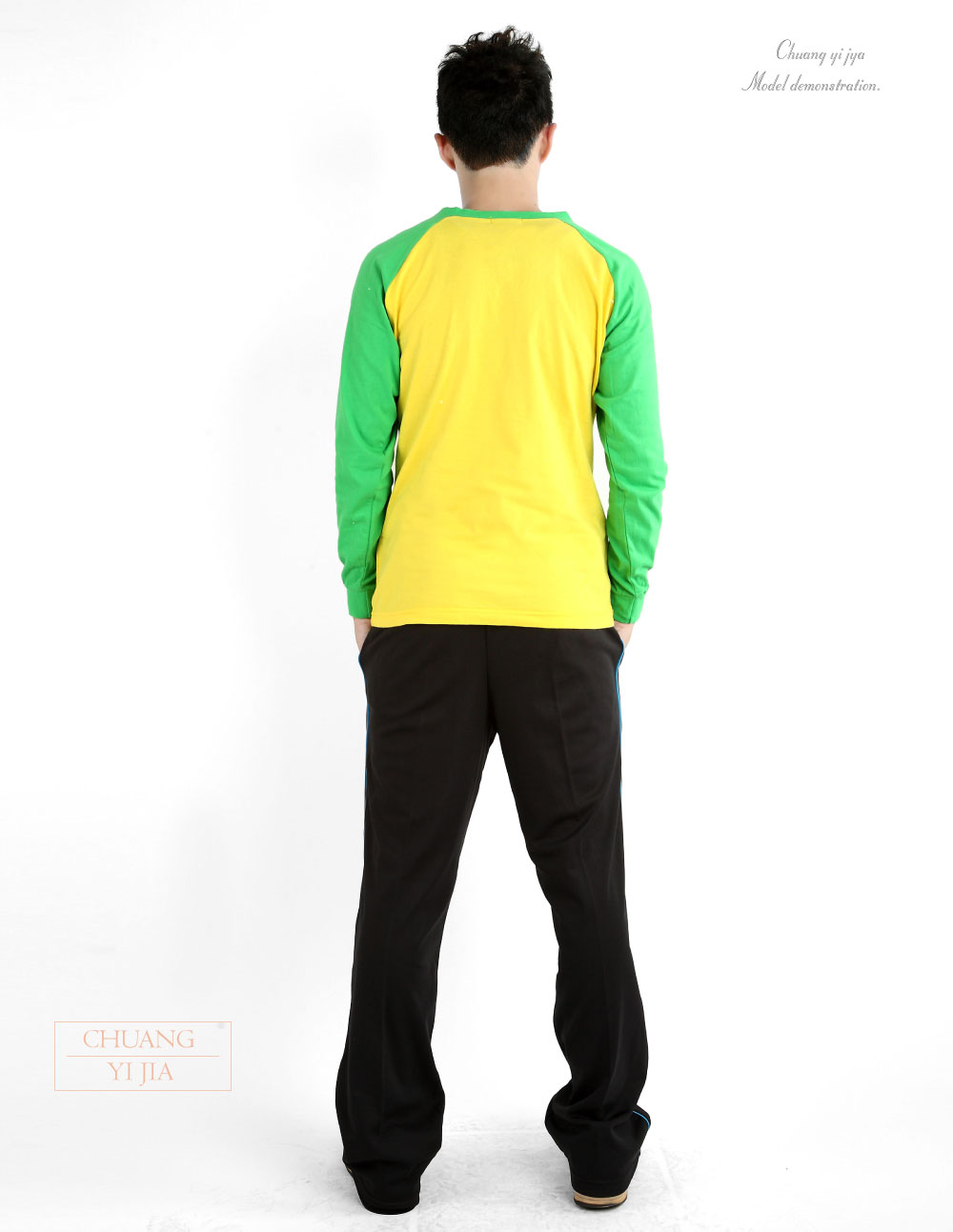 創e家團體服-T恤訂製款v領斜長袖中性-黃果綠袖 背面