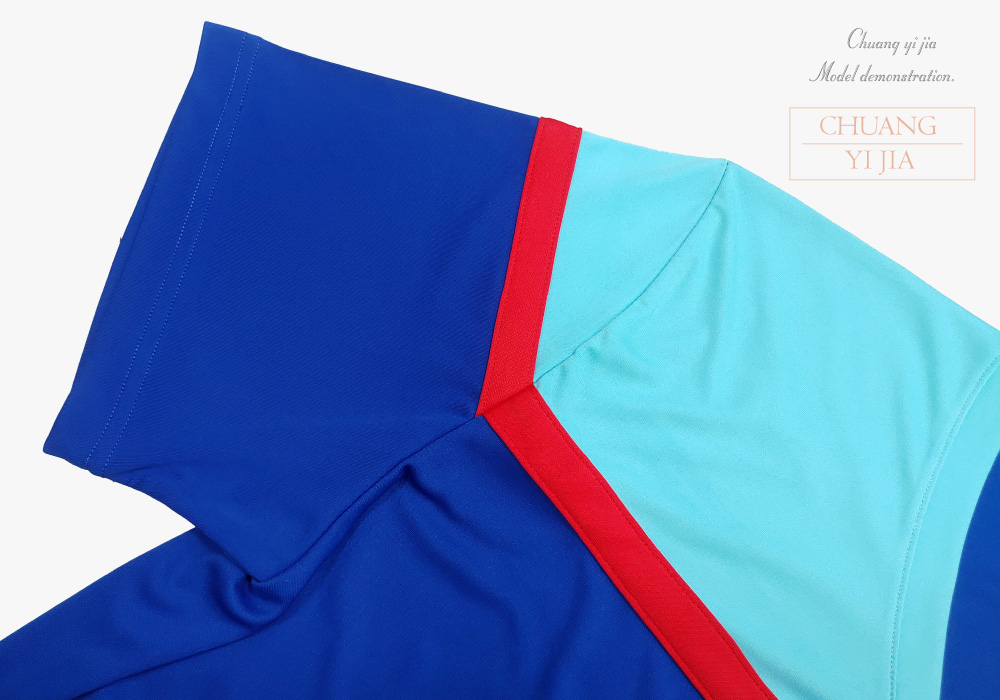 創e家團體服-T恤 訂製 V領短袖 中性 寶藍配天藍紅-袖子