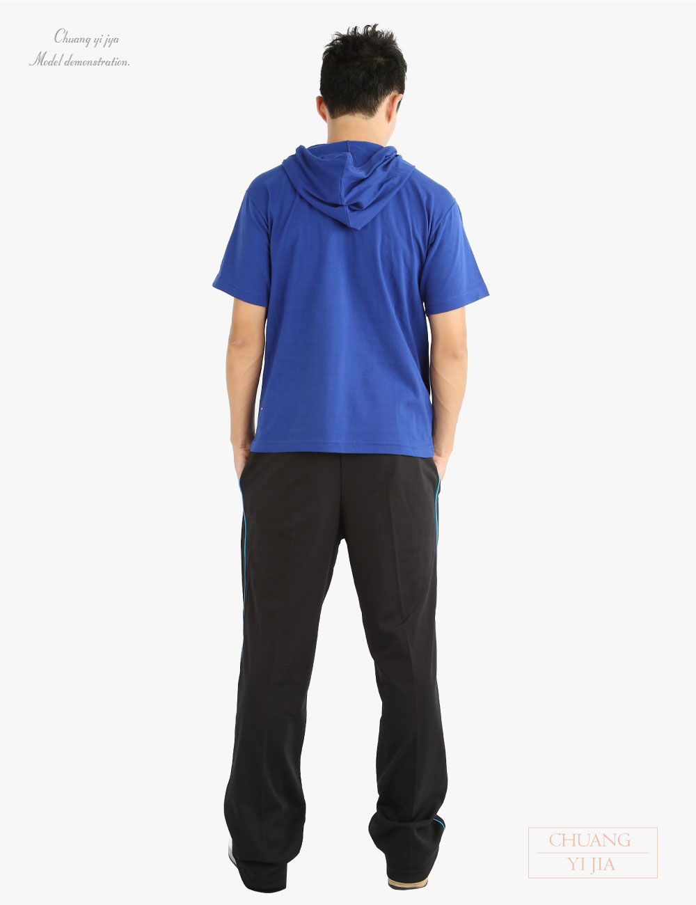 創e家團體服-帽T短袖訂製中性版-有口袋休閒風寶藍-背面