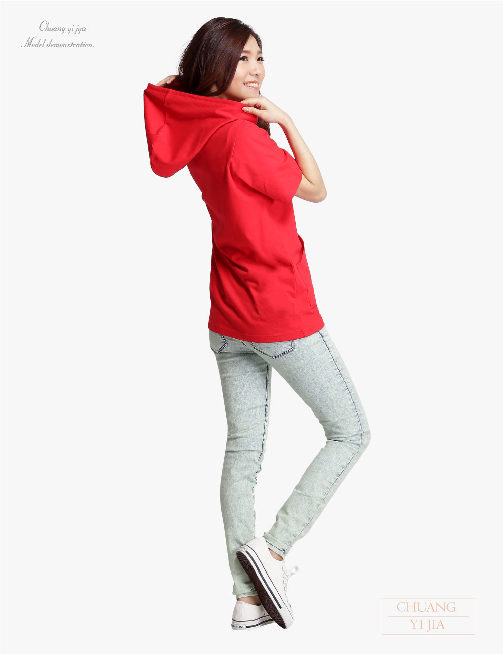 創e家團體服-帽T短袖訂製中性版-有口袋休閒風紅-背面