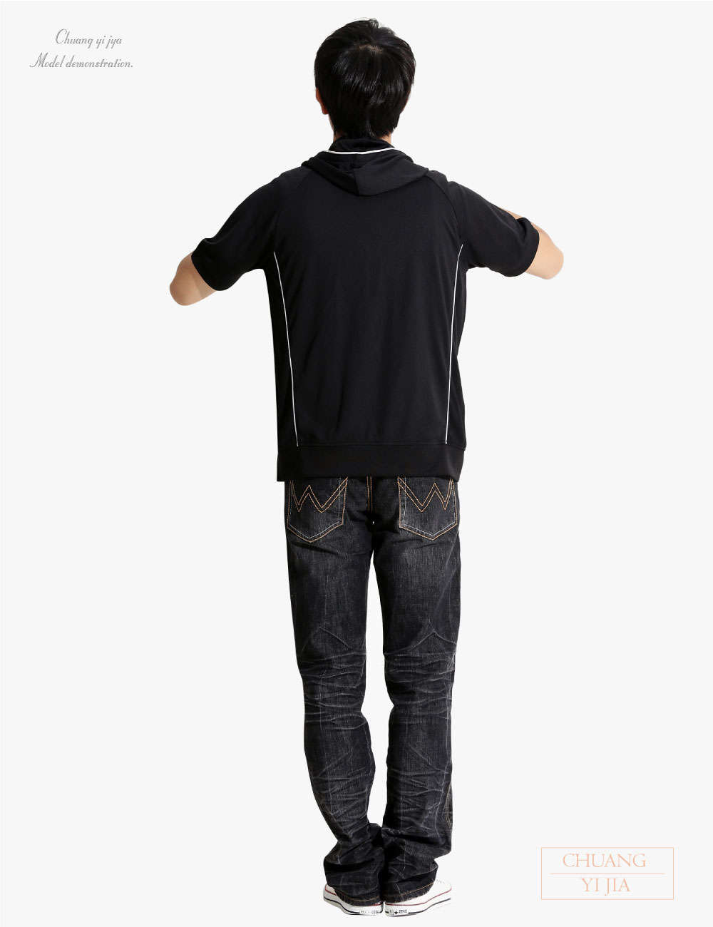 創e家團體服-帽T訂製款休閒風短袖外套黑-背面