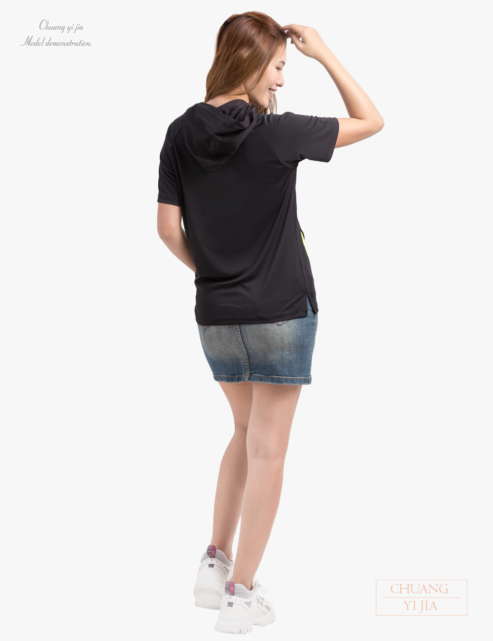 創e家團體服-帽T短袖訂製中性版-黑接螢光-背面