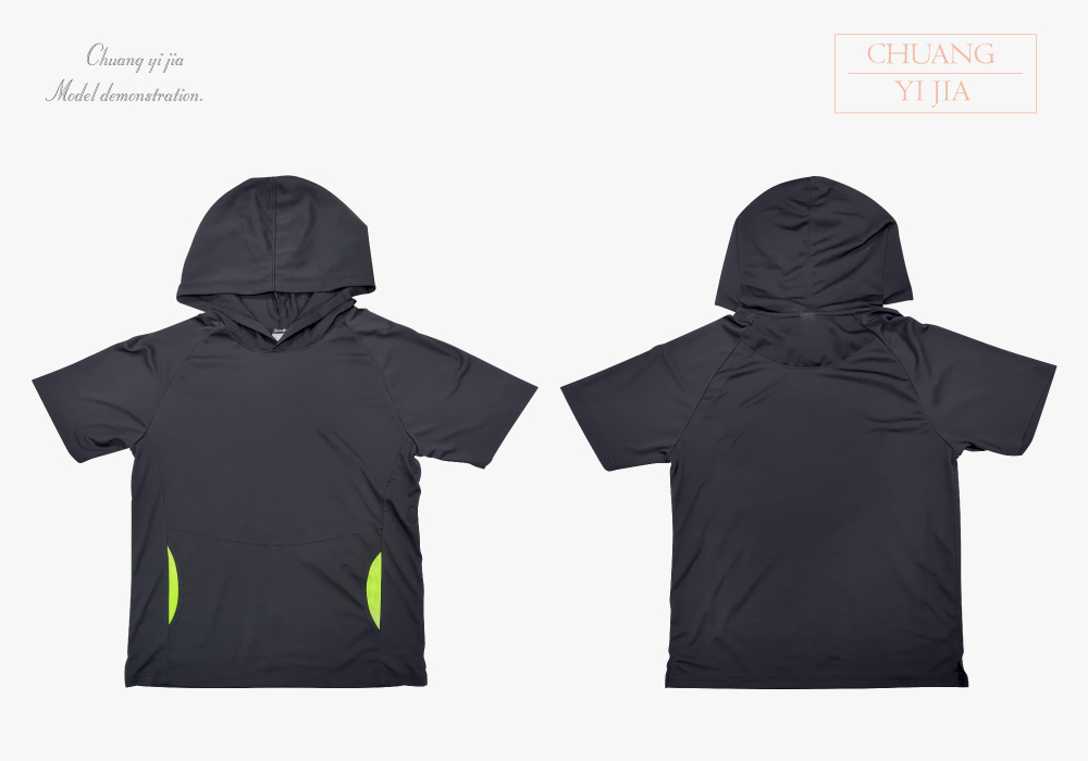 創e家團體服-帽T短袖訂製中性版-黑接螢光-平拍