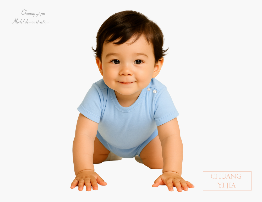 創e家團體服-嬰兒包屁衣-素面水藍 正面示意