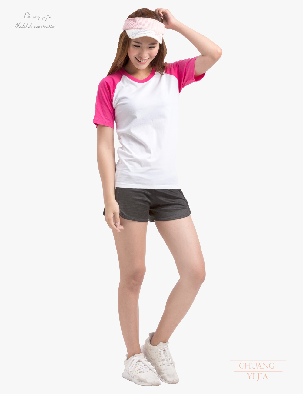 客製化T恤斜袖腰身-桃紅白-創e家團體服