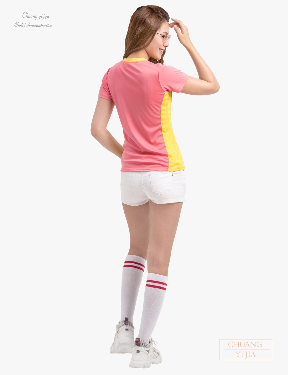 客製化T恤運動腰身接片-粉桔黃-創e家團體服
