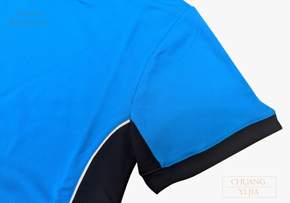 創e家團體服-客製T恤短立領-翠藍黑 袖口