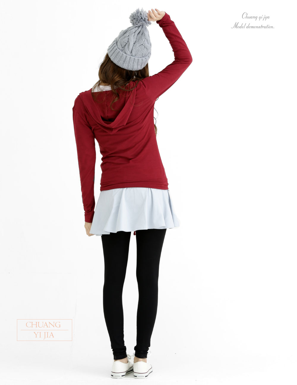 創e家團體服-T恤訂製款假兩件長袖帽T腰身-酒紅白