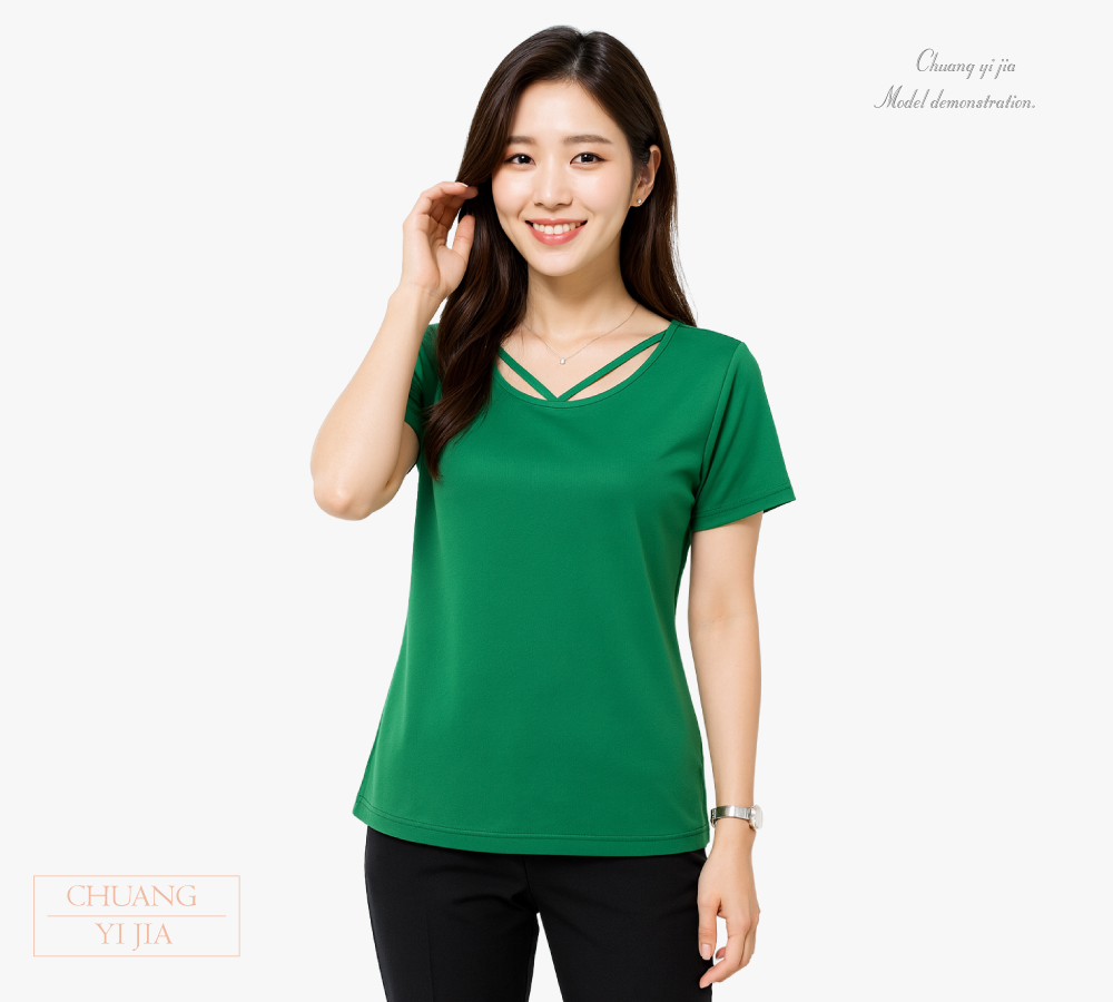 創e家團體服-短袖T恤 訂製 滾領V字造型 綠色 正面