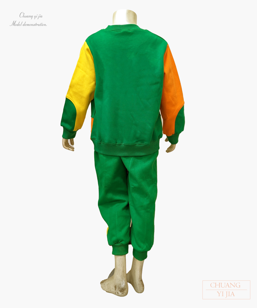 創e家團體服-T恤 訂製 童  圓領束口長袖-綠配黃橘全套背面
