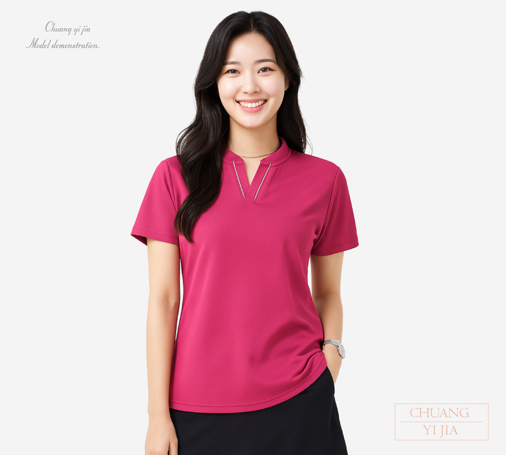 創意家團體服-圓領V門襟出芽｜玫紅色-正面示意