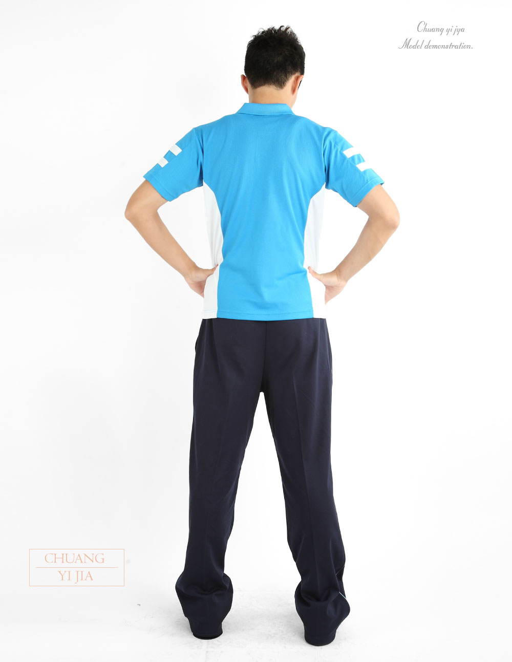 創e家團體服-POLO衫訂製款運動風中性-藍配白雙線袖