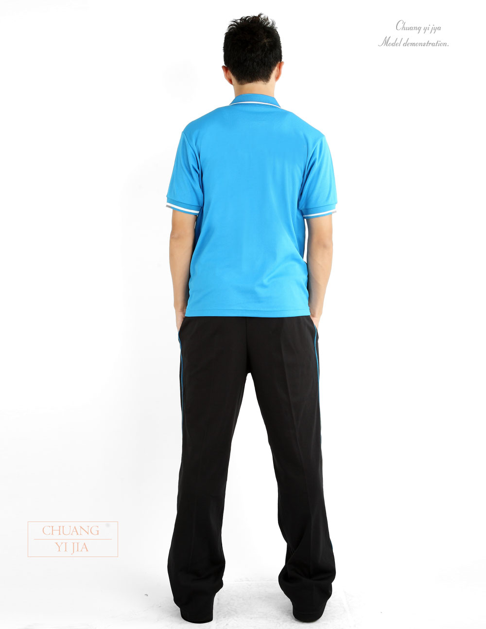 創e家團體服-POLO衫訂製款有口袋束口中性-天藍配白條領