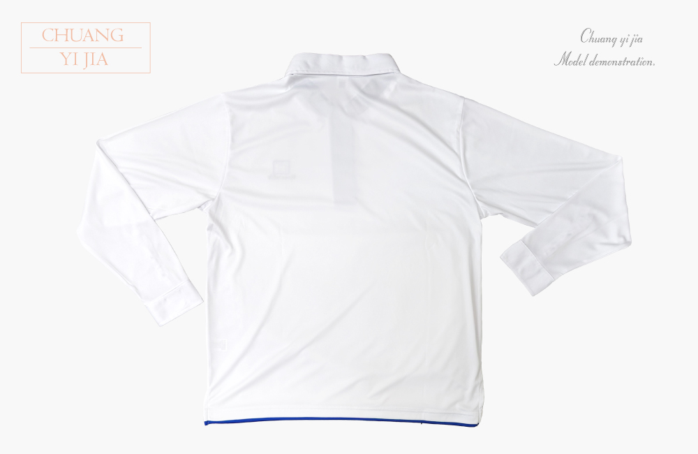 創e家團體服-POLO訂製 襯衫袖 長袖 白配寶藍 背面平拍