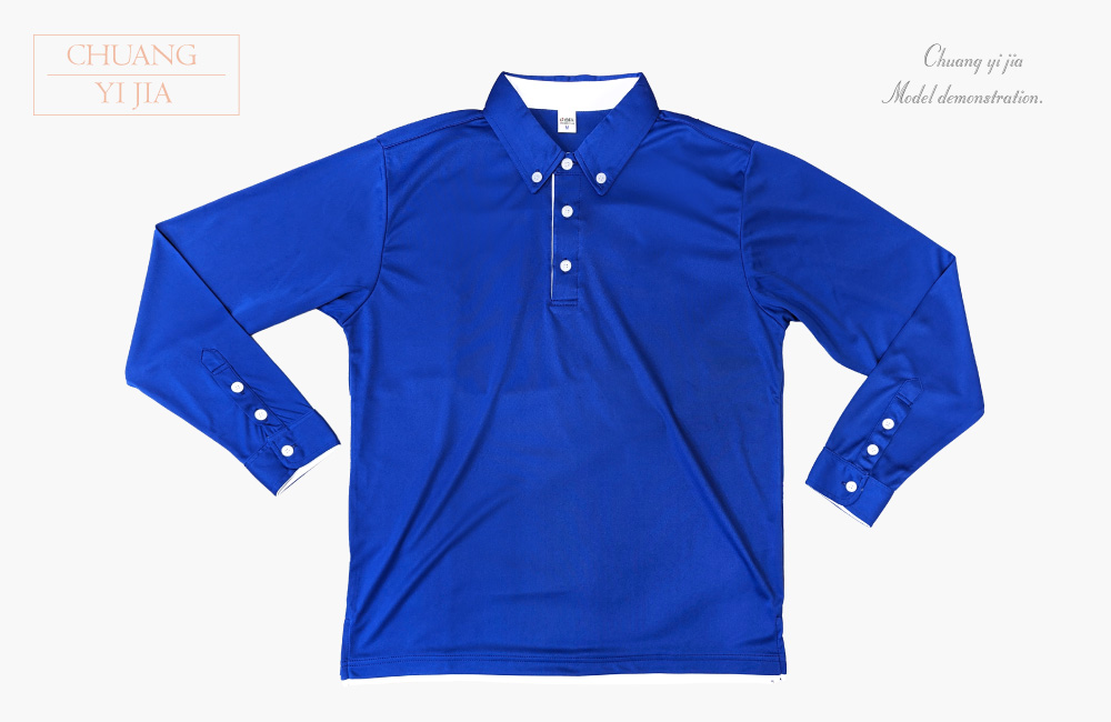 創e家團體服-POLO訂製 襯衫袖 長袖 寶藍配白 正面平拍
