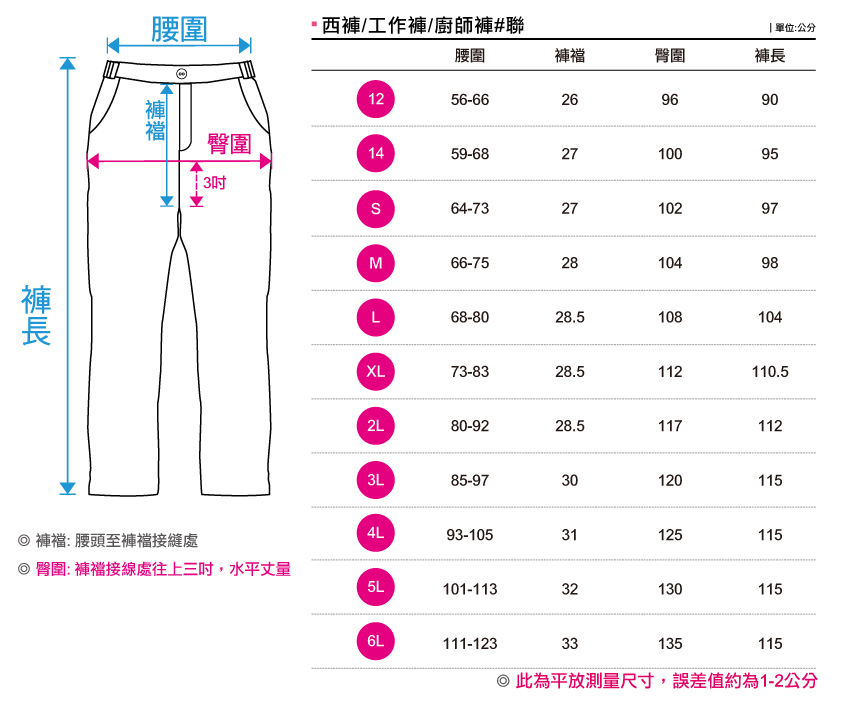 台灣創意家-服飾團體服-廚師褲尺寸表
