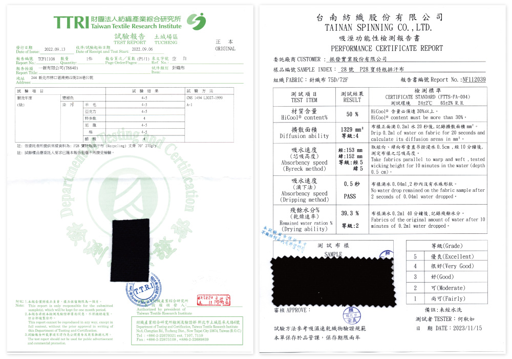 寶特瓶環保排汗布-TTRI布料品質驗證